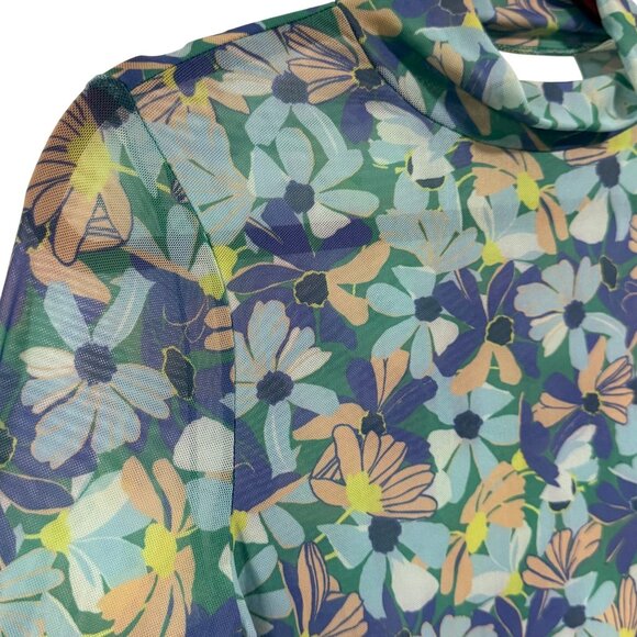 Anthropologie Maeve Sheer Mesh Floral Turtleneck‎ Top in Blue Motif Size S - Picture 2 of 7